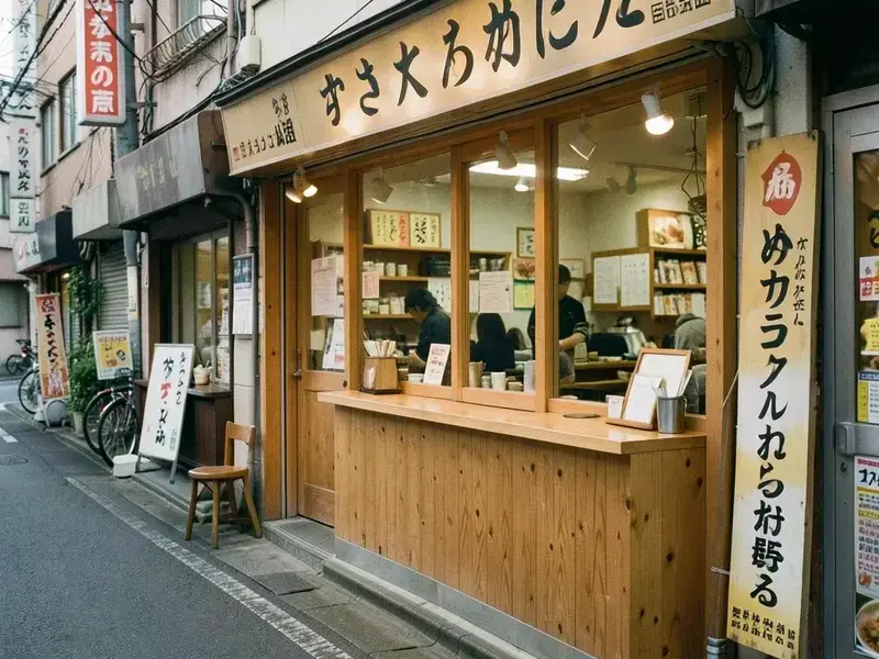 日本の市街地の1階店舗と木のカウンター