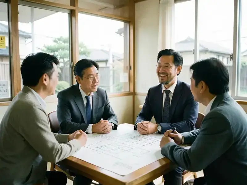 日本の物件で図面を広げて打ち合わせをするチーム