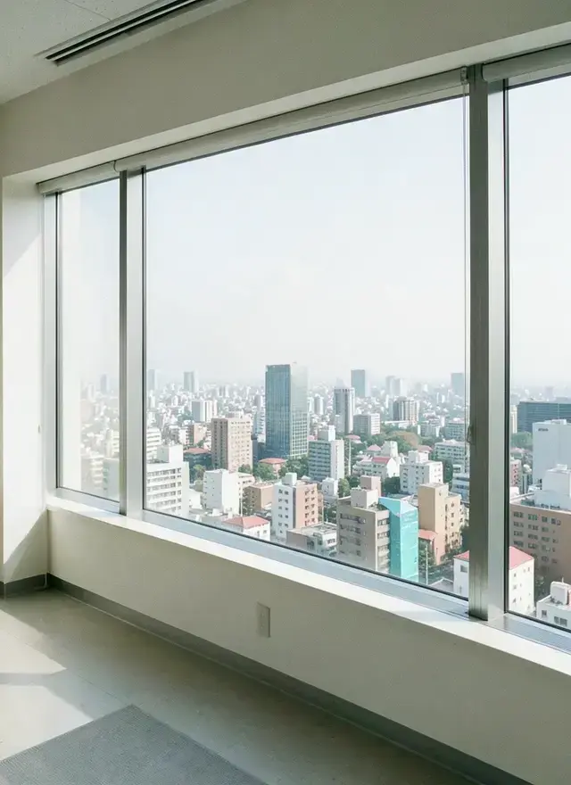 日本のオフィスビルの窓から見える都市の眺め