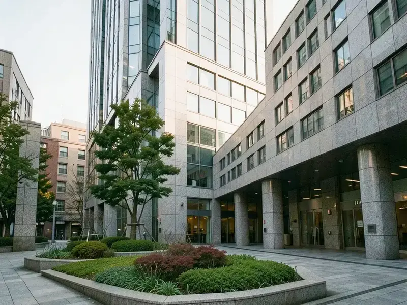 日本の丸の内に建つグレードAオフィスビルの外観と前面広場