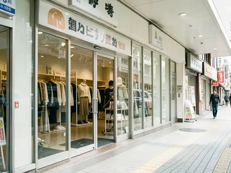 日本のアーケードに面した1階店舗の広いガラス面