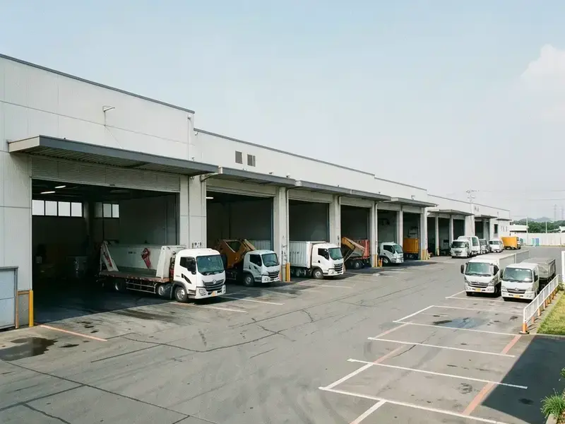 日本の物流パークの積み込みドックと停車中の車両