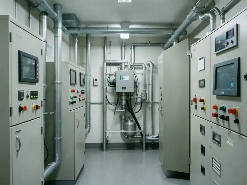 日本の商業建物の設備管理室とモニタリングパネル