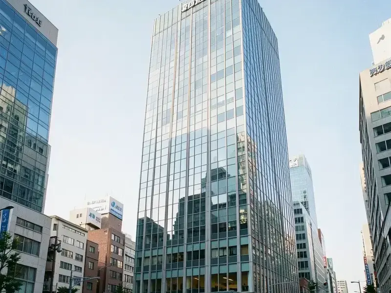 日本の都市部にあるA級オフィスビルの大きな窓と平面構成